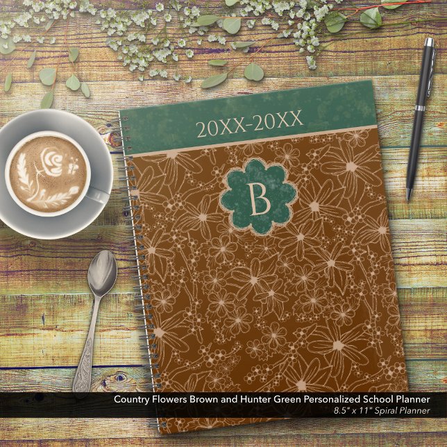 Agenda Flores-do-campo Rustic Brown Green Personalizado (Country Flowers Brown and Green Personalized School Planner: Customize the Date and Monogram)
