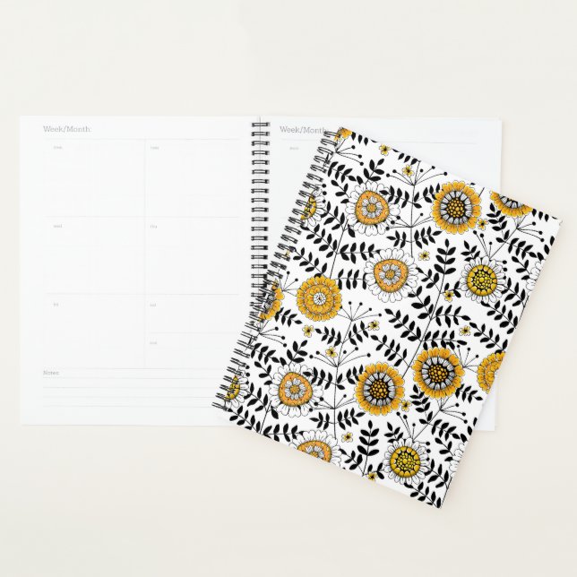 Agenda Flores e folhas de rabo em amarelo e preto (Exibição)