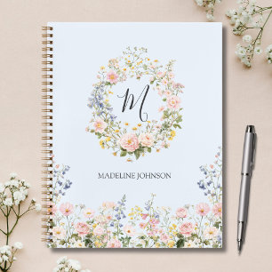 Agenda Flores Florais Rosa Azul Monograma Aquarela 