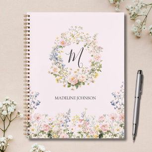 Agenda Flores Florais Rosa Azul Monograma Aquarela 