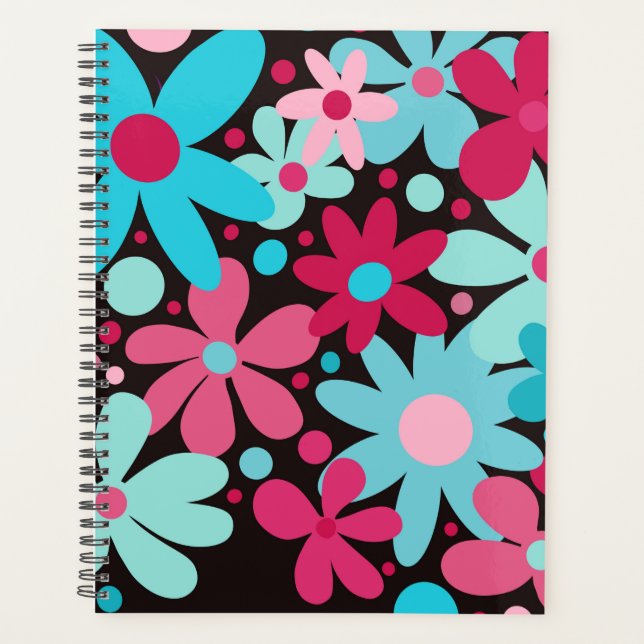 Agenda Flores modernas, funcas, azuis, rosa. (Frente)