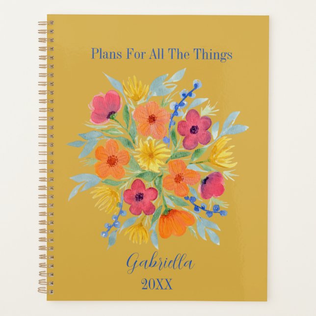 Agenda Flores Personalizadas de Aquarela em Amarelo (Frente)