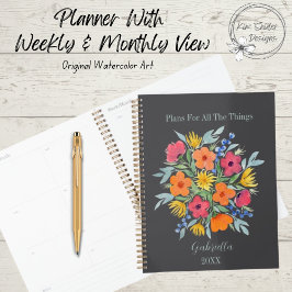 Agenda Flores Personalizadas de Aquarela em Cinzas