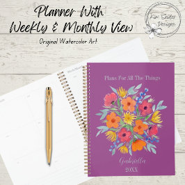 Agenda Flores Personalizadas de Aquarela em Roxo