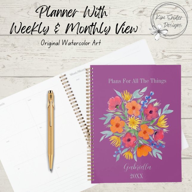 Agenda Flores Personalizadas de Aquarela em Roxo (Criador carregado)