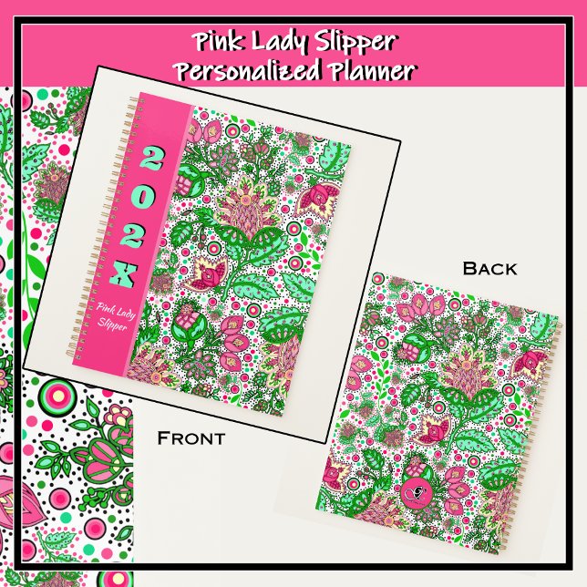 Agenda Flores Rosa-Lady Slipper em Branco Personalizado (Bold pink and green modern folk art design featuring delicate pink lady slipper flowers.)