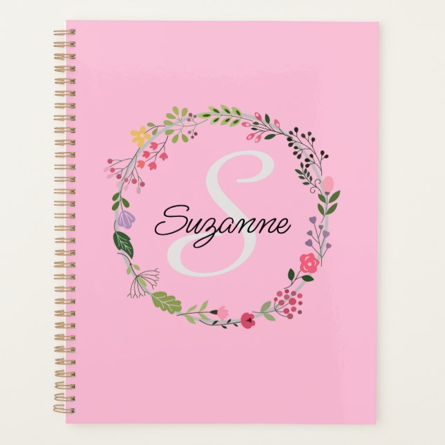 Agenda Flores Selvagens Rosa Personalizadas Monograma (Frente)