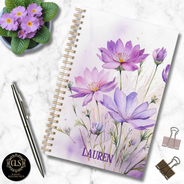 Agenda Flores Silvestres de Aquarela Roxa Nome Minimalist (Daily Planner – Personalized Watercolor Wildflower)