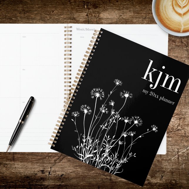 Agenda Flores Silvestres Modernas em Preto e Branco (Criador carregado)