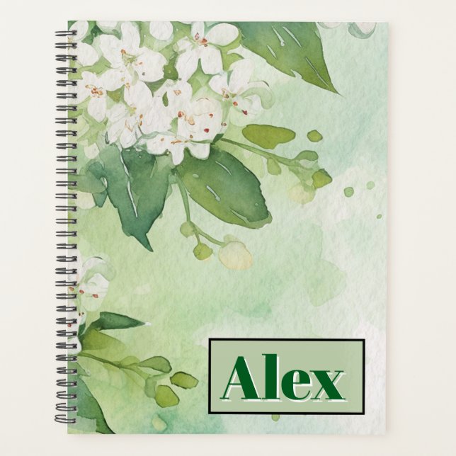 Agenda Flores Verde Modernas Aquarela & personalizar (Frente)