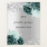 Agenda Flores verdes prateadas elegantes glamourosos 2026<br><div class="desc">Fundo com aspecto fino prateado decorado com flores verdes,  flores e brilho fino prateado,  brilhos. Personalizar e um ano,  nome e título/texto</div>