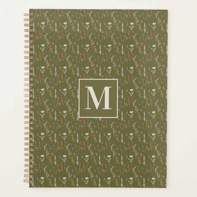 Agenda Floresta de Monograma Verde Jardim de Flores Silve (Frente)