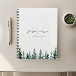 Agenda Floresta de Pinheiros com Aquarela na Cinza 2024<br><div class="desc">Planejador espiral personalizado com design de pinheiros com cor d'água com nome personalizado e texto no fundo da cor da cinza clara.</div>