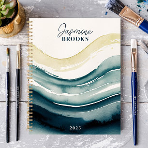 Agenda Fluxo de Aquarela Marinha 2025 Nome Personalizado
