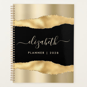 Agenda Folha de Ouro Elegante, Brilhante, Preto Monograma