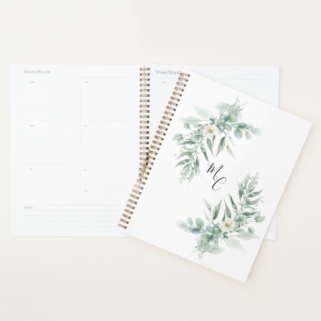 Agenda Folhagem Verde com Monograma Personalizado (Exibição)