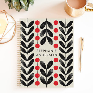 Agenda Folhas Botânicas Pretas e Vermelhas Nome Personali