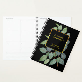 Agenda Folhas de aquarela elegantes preto ouro profission