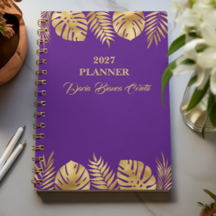 Agenda Folhas Roxas e Douradas Personalizadas