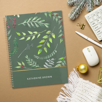 Agenda Folhas Verde Sage Padrão Elegante