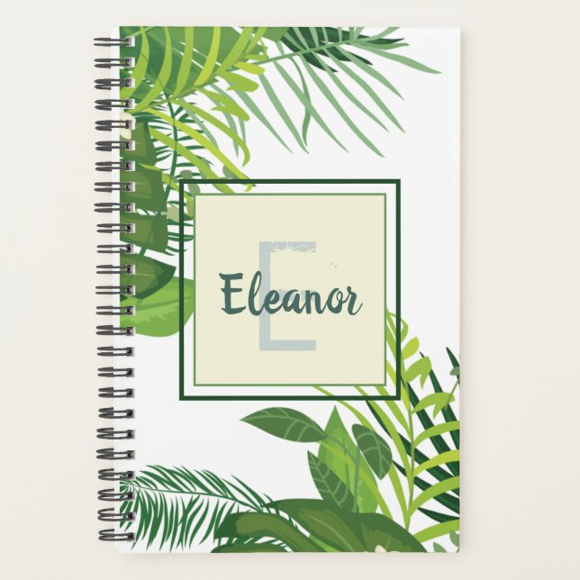 Agenda Folhas verdes e flores monograma tropical (Frente)