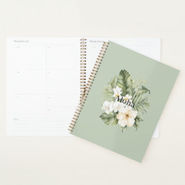 Agenda Folhas Verdes Tropicais Orquídeas Hibisco Branco