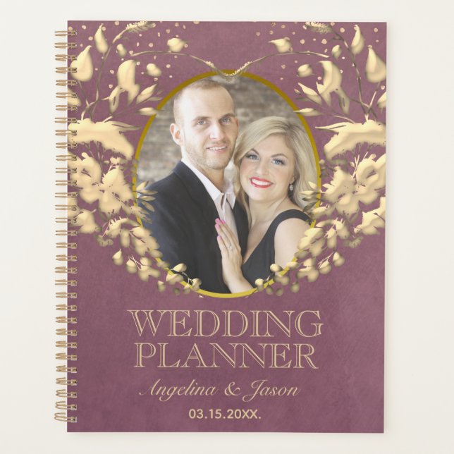 Agenda Foto de Casamento de Luxo Roxo e Dourado Coração (Frente)