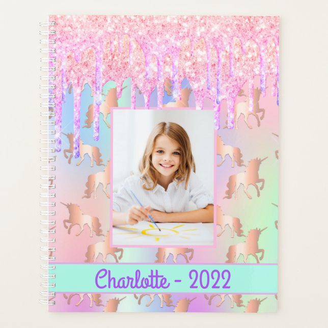 Agenda Foto do nome púrpura cor-de-rosa com brilho Unicór (Frente)