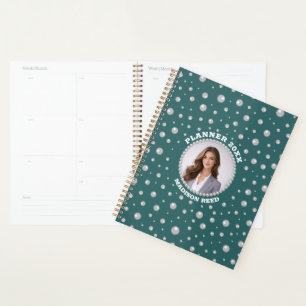 Agenda Foto Personalizada com Círculo de Pérolas em Azul