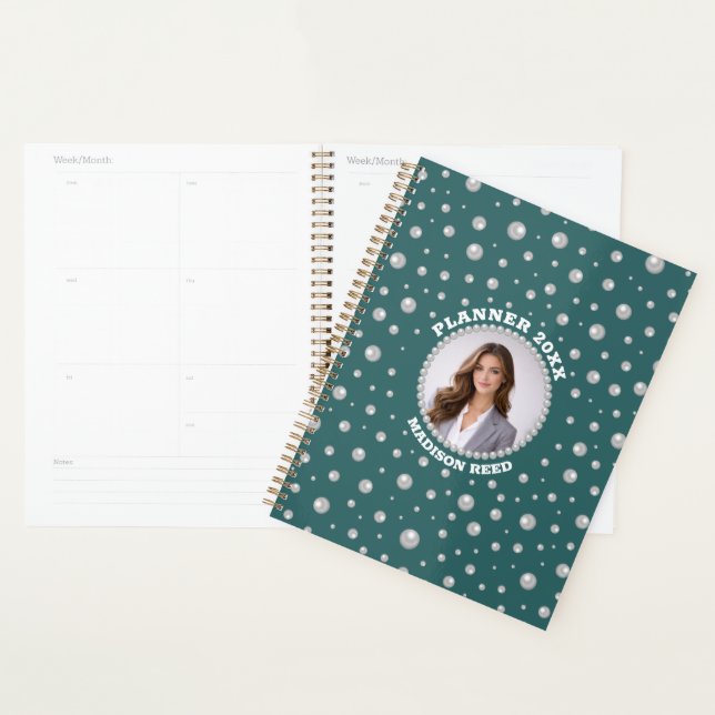 Agenda Foto Personalizada com Círculo de Pérolas em Azul  (Exibição)