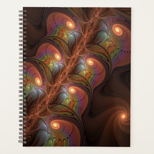 Agenda Fractal Castanho Abstrato fluorescente colorido (Frente)