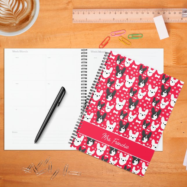 Agenda Francês Bulldog Patterly Semanal Mensal (Frenchies in Red Customized Planner)