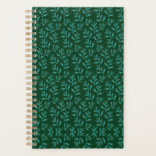 Agenda Fundo Verde Escuro com Folhas Botânicas em Verde A