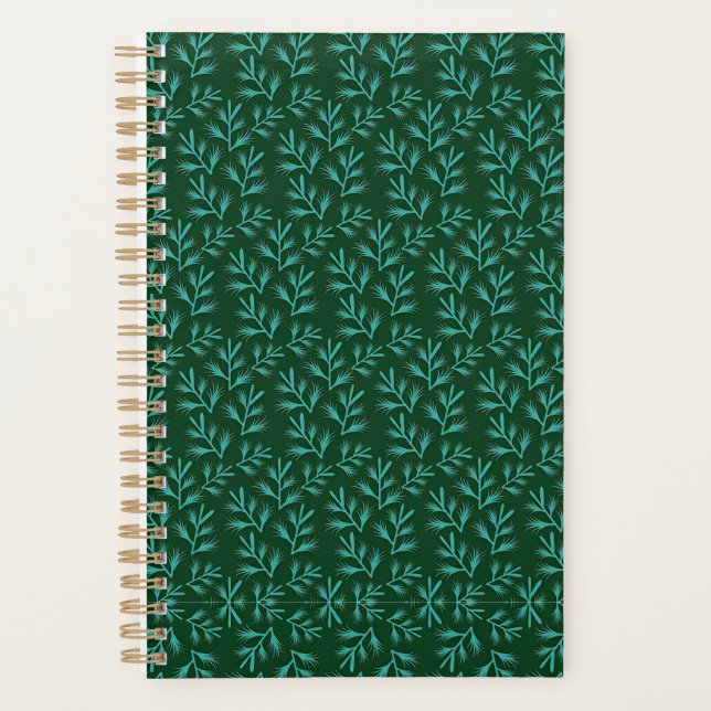 Agenda Fundo Verde Escuro com Folhas Botânicas em Verde A (Frente)