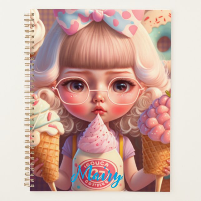 Agenda Garota bonita Kawaii com sorvete notebook (Frente)