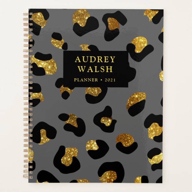 Agenda Garota Glittery Dourada Cinza Leopardo Imprime Lux (Frente)