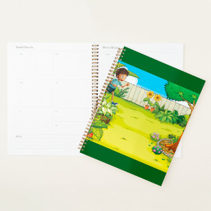 Agenda Garoto Jogador Correndo em um Quintal Verde Lush