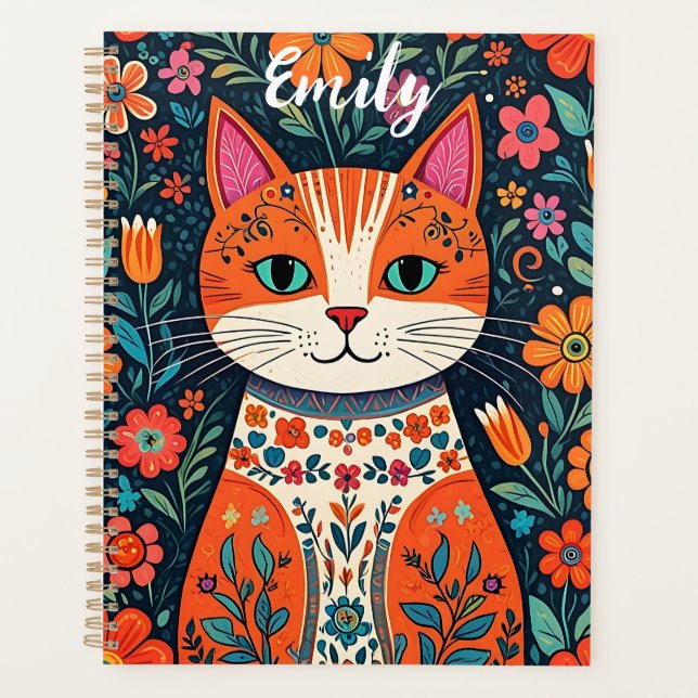 Agenda Gatinho Bonito com Flores de Arte Folclórica (Frente)