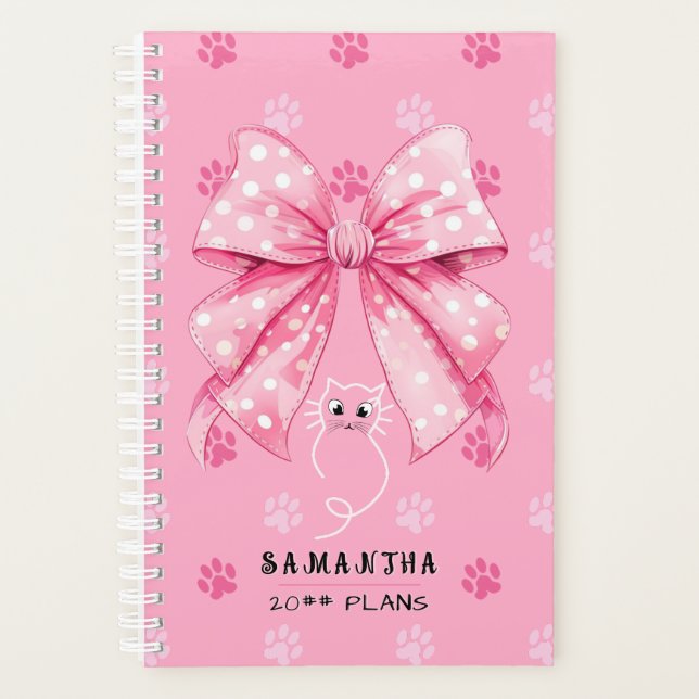 Agenda Gatinho Fofo Laço Coquete - Presente Escolar Rosa  (Frente)