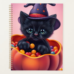 Agenda Gatinho Preto do Dia das Bruxas Bonito de Abóbora