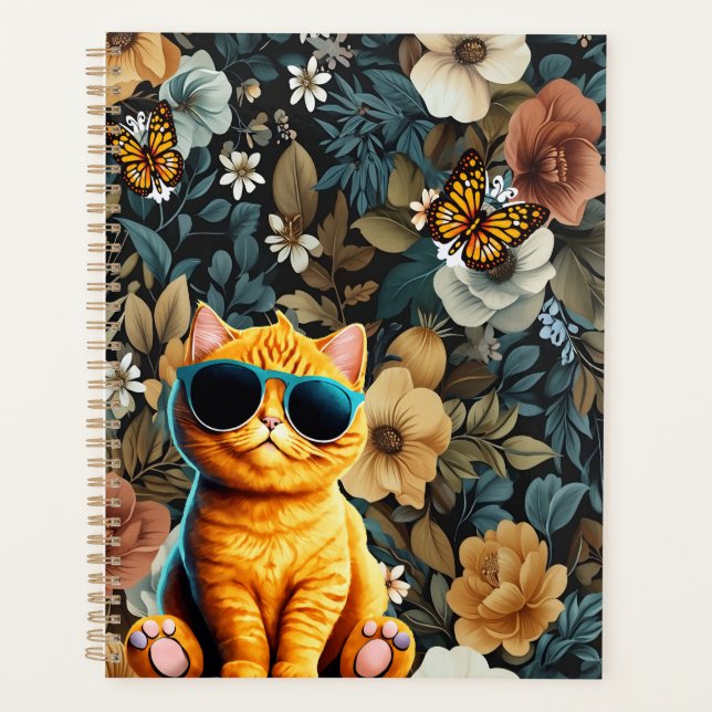 Agenda Gato Amarelo e Borboletas em Fundo Floral (Frente)