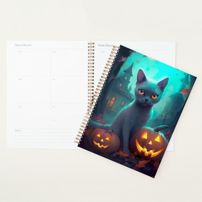 Agenda Gato Azul Russo de Halloween com Abóboras Assustad (Exibição)