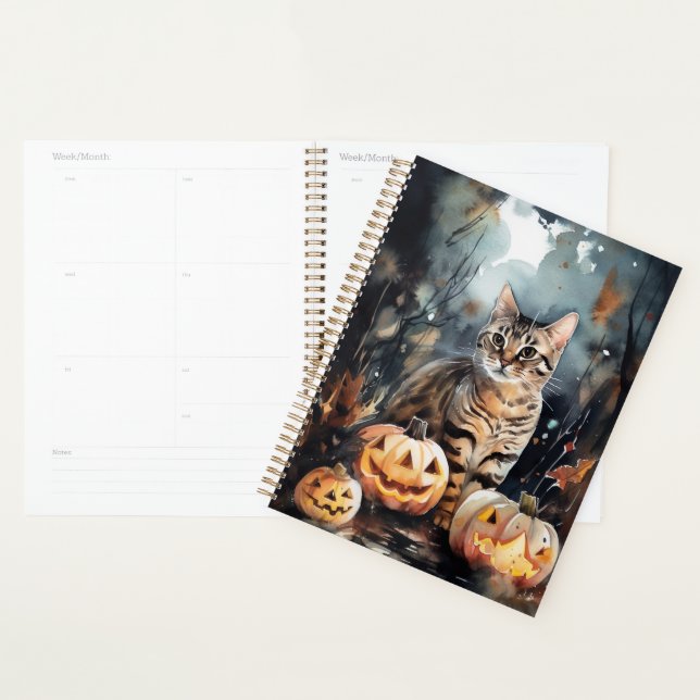 Agenda Gato Bengal Halloween Com Abóboras Assustador (Exibição)
