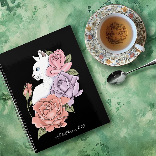 Agenda Gato Branco Floral Pastel Botânico Romântico Preto (Criador carregado)