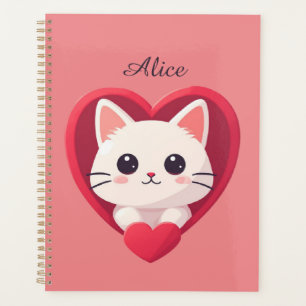 Agenda Gato Branco Fofo com Coração Desenho de Kawaii Kit