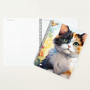 Agenda Gato Calico no Jardim de Primavera com Borboletas