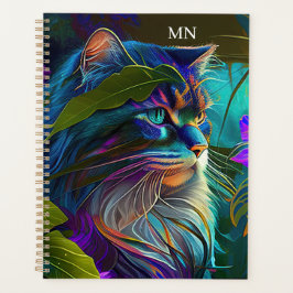 Agenda Gato colorido neon em flores tropicais Arte AI