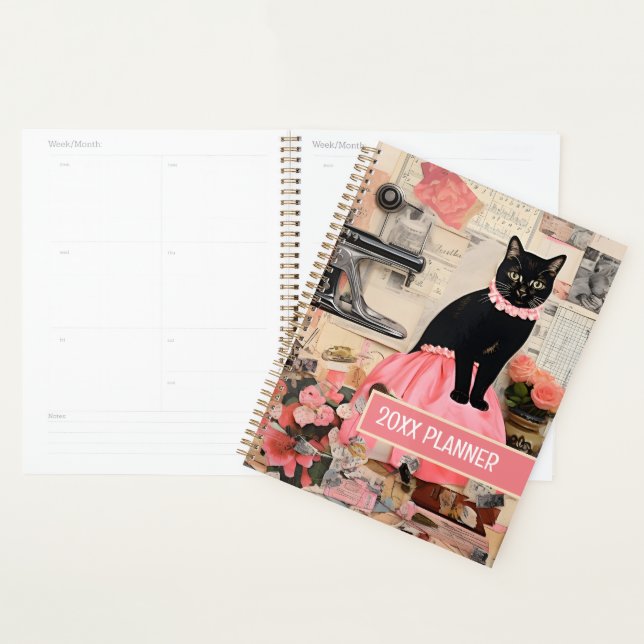 Agenda Gato com colagem de flores de colar rosa (Exibição)