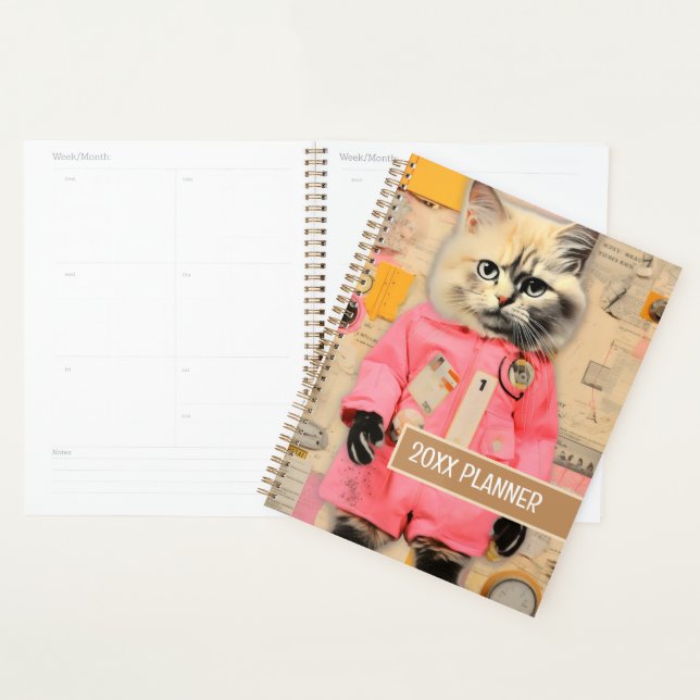 Agenda Gato com patas pretas e colagem cor-de-rosa (Exibição)