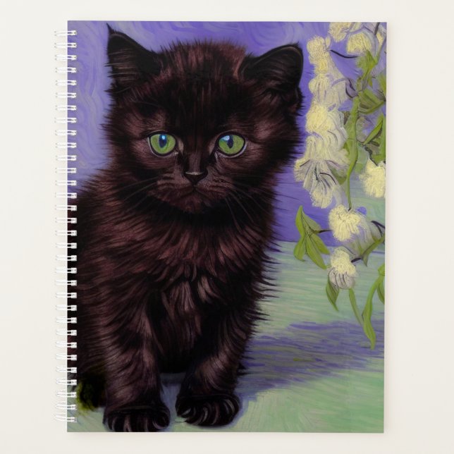 Agenda Gato de estilo Van Gogh com Flores Brancas (Frente)